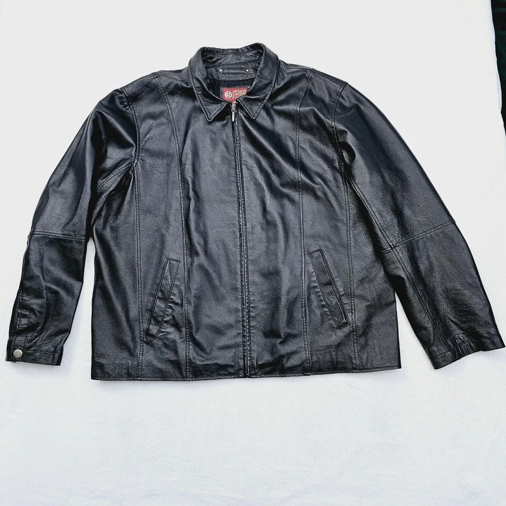 Wilsons Leather Jacket Mens‎ 2XL Black Genuine Leather Full Zip Collared Moto